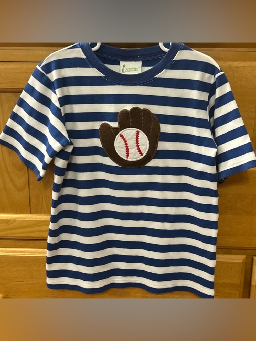Zuccini Boy's Blue & White Striped Tee Shirt w/Baseball Glove & Ball Appliqué 6